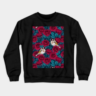 Red rose flowers and goldfinch birds Crewneck Sweatshirt